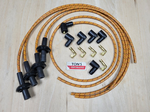 DIY Universal Cloth Covered Spark Plug Wire Kit – Vintage Gray With Black Tracers, V6/V8, For Ford Chevy Dodge
