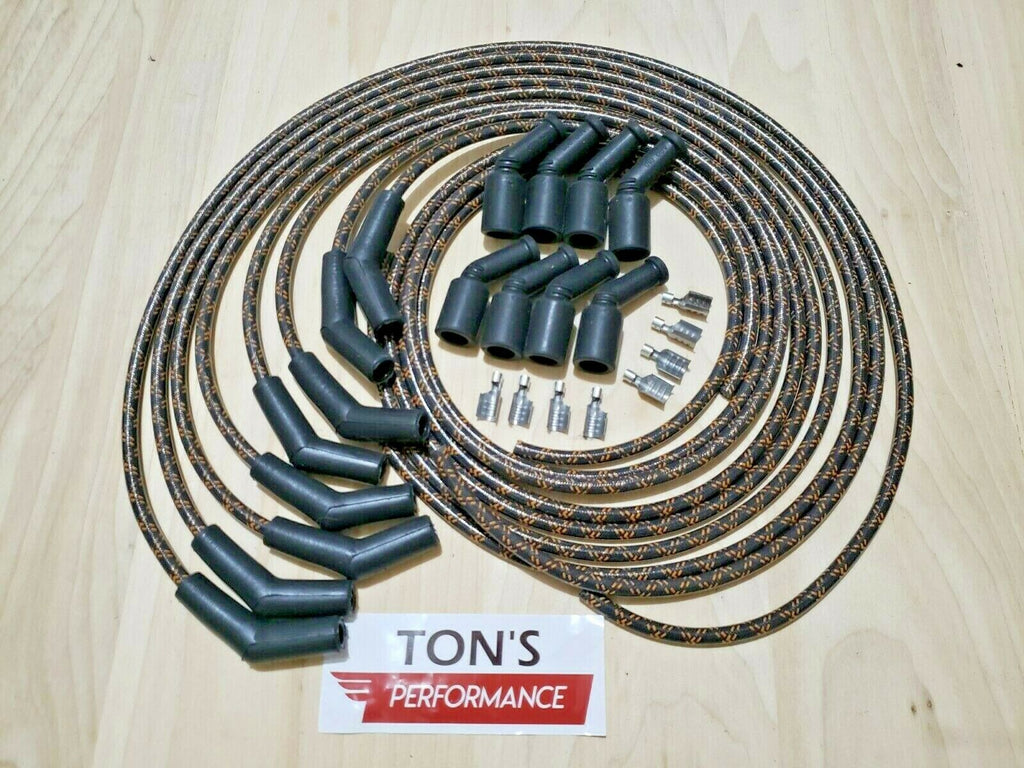 Ton's Performance 28' Old School Braided Spark Plug Wires - Orange/Black 7mm For Harley